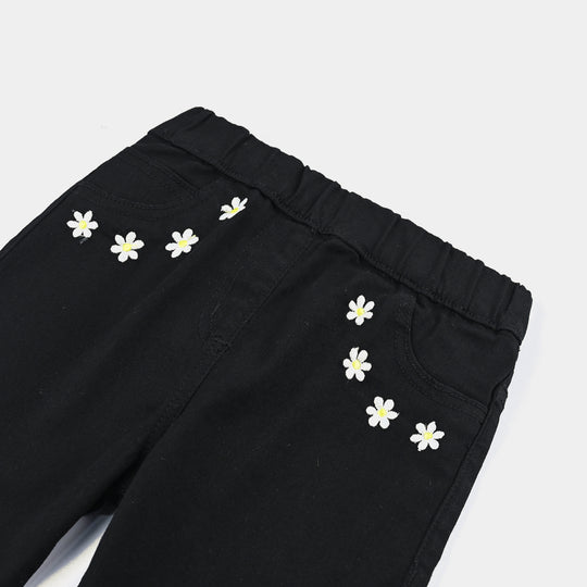 Girls Denim Stretch Jeggings Flower Emb-BLACK