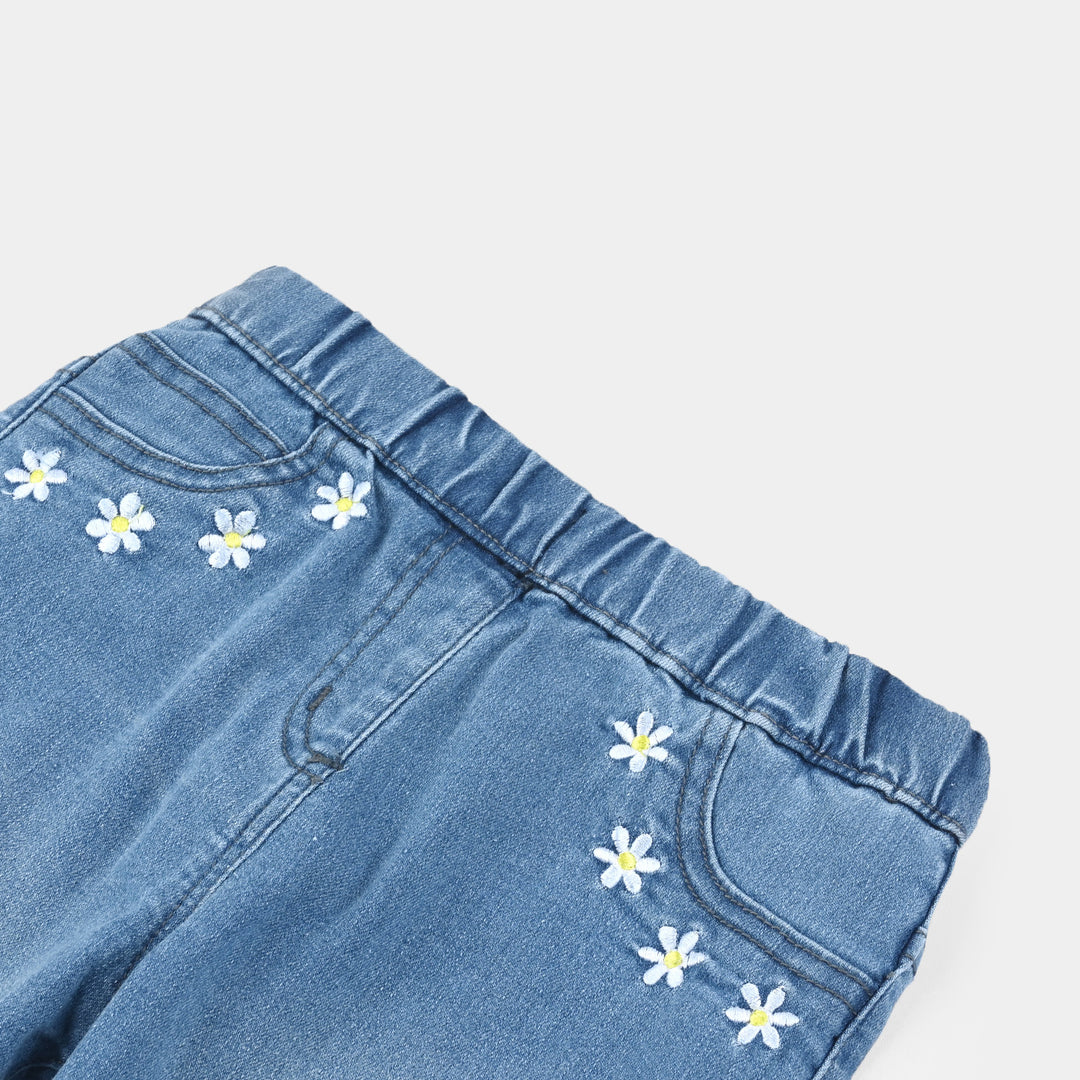 Girls Denim Stretch Jeggings Flower Emb-LT.Blue