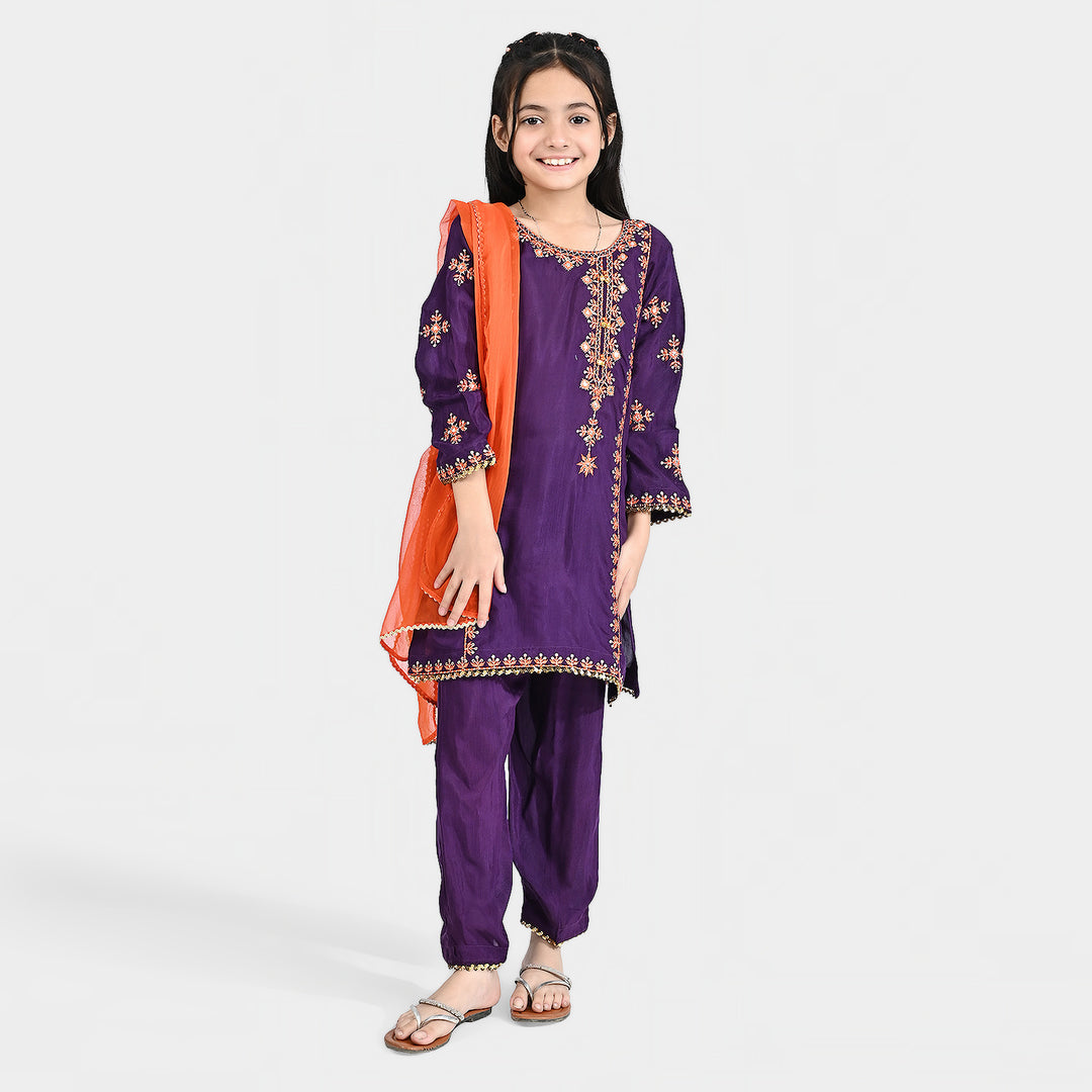 Girls Raw Silk 3 Pcs Huns-E-Jahaan-Purple