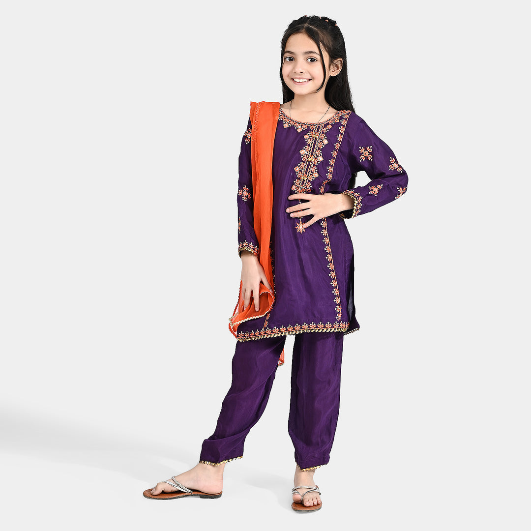 Girls Raw Silk 3 Pcs Huns-E-Jahaan-Purple