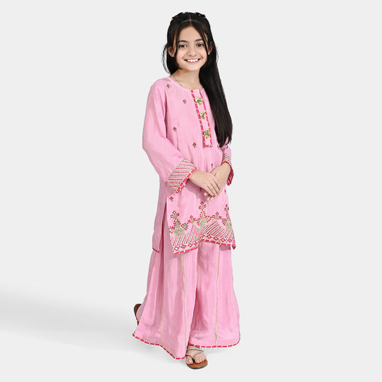 Girls Raw Silk 3Pcs Suit Kaavish-T.Pink