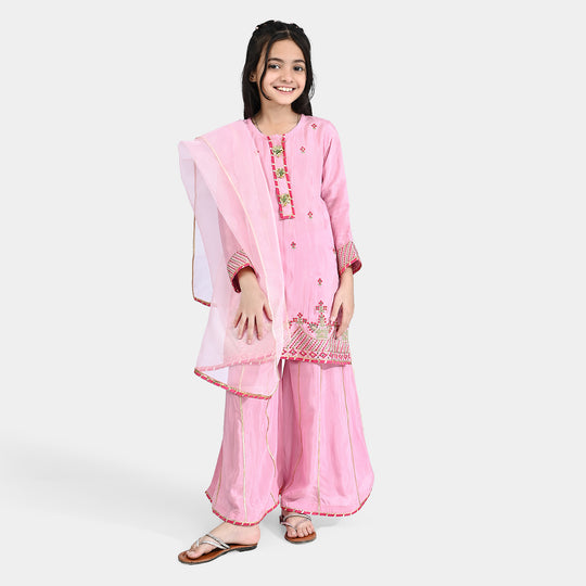 Girls Raw Silk 3Pcs Suit Kaavish-T.Pink