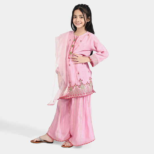 Girls Raw Silk 3Pcs Suit Kaavish-T.Pink