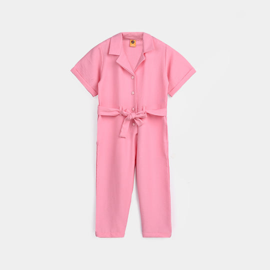 Girls Viscose Jumpsuit Resort Collar-Pink