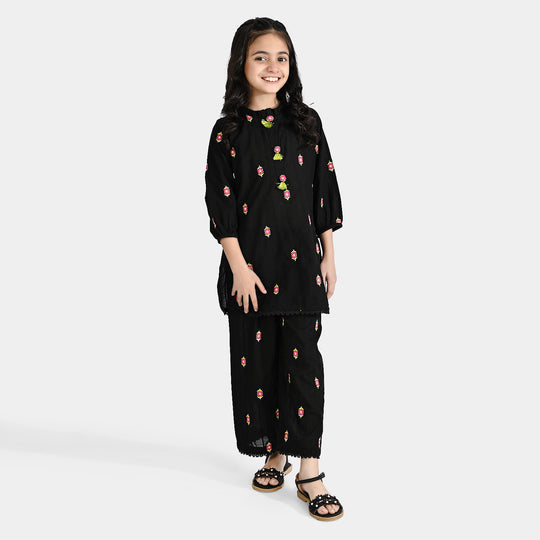 Girls Cotton Emb 2Pcs Floral-BLACK