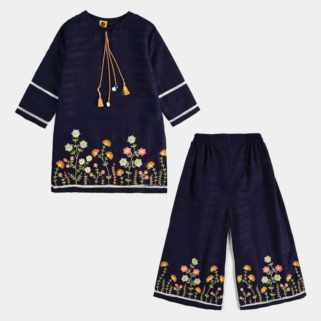 Girls Cotton Emb 2Pcs Garden-Navy Blue