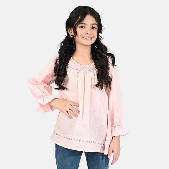 Girls Poly Cotton Emb Top Smoke - Pink