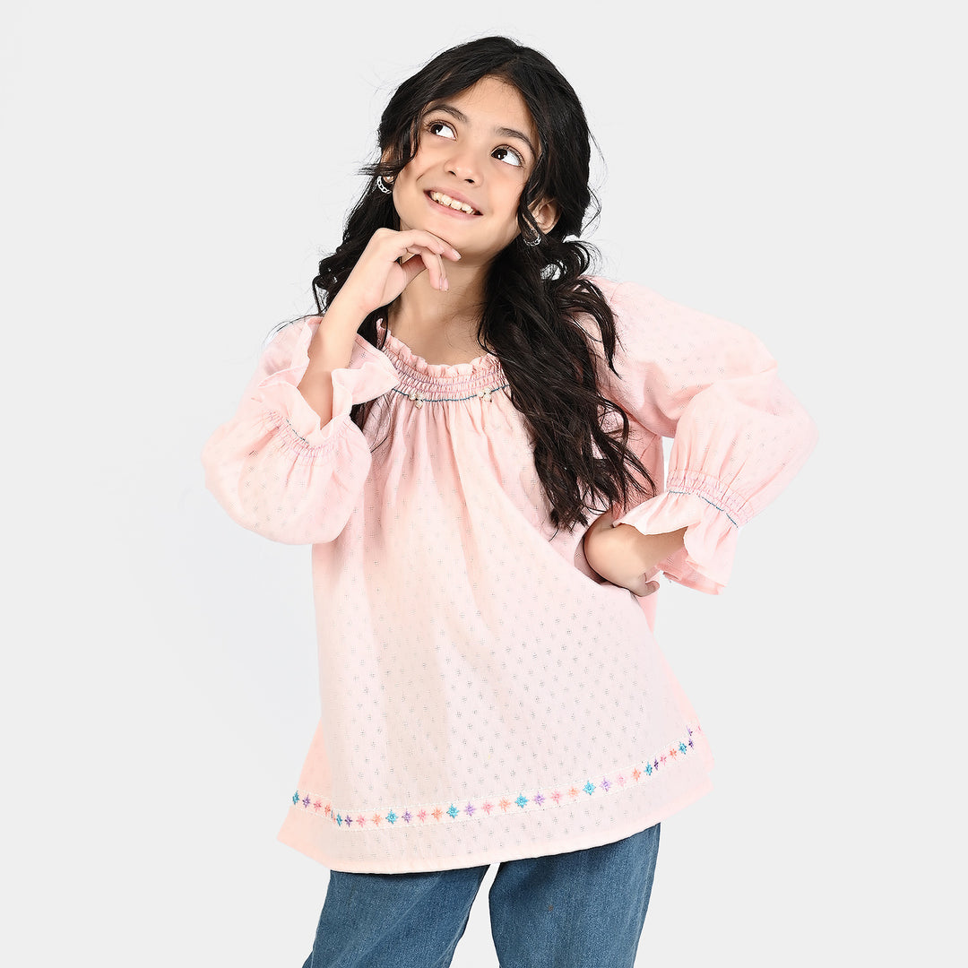 Girls Poly Cotton Emb Top Smoke - Pink