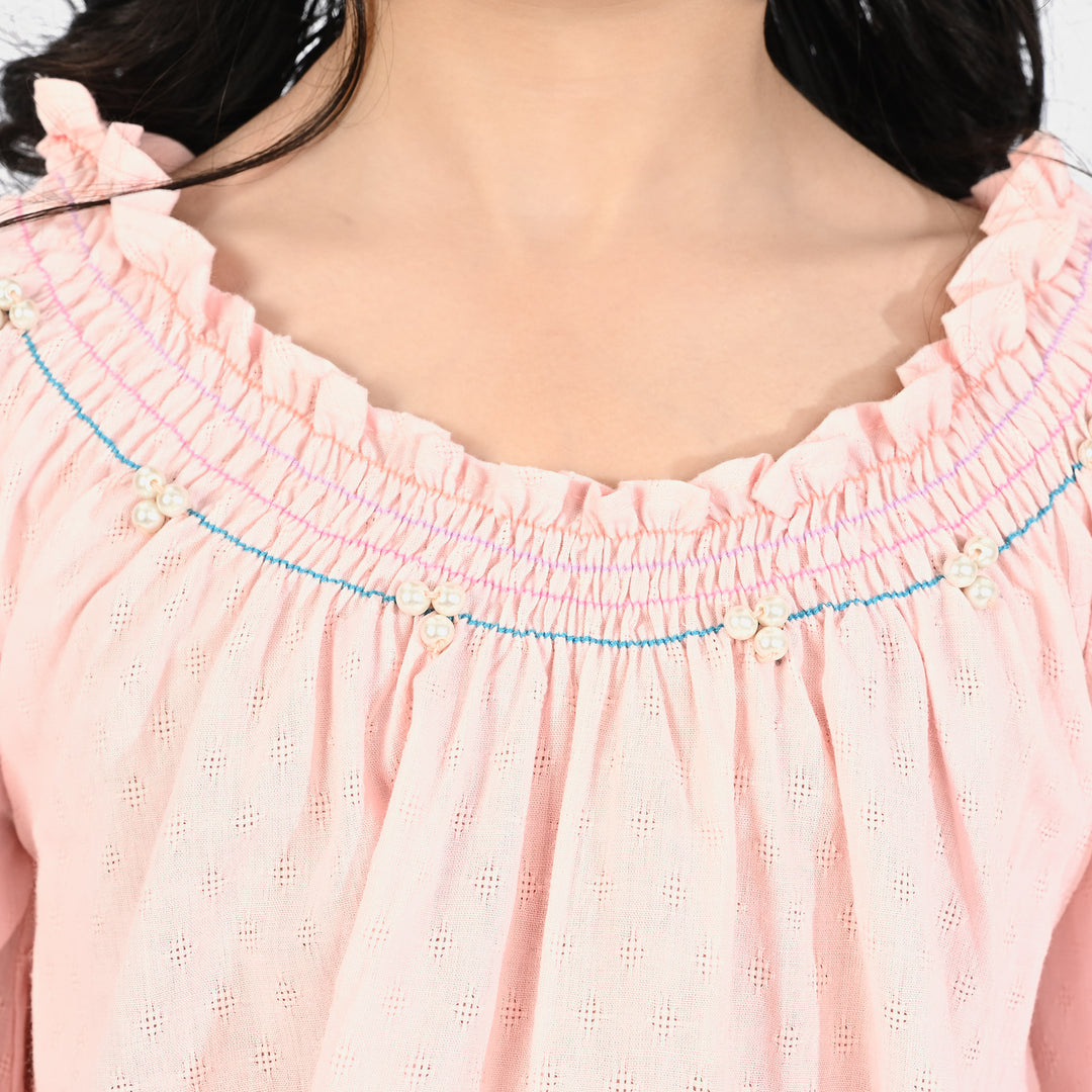 Girls Poly Cotton Emb Top Smoke - Pink