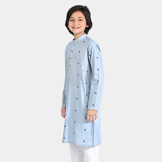 Boys Cotton Slub Printed Kurta (Chin Botti)-Blue