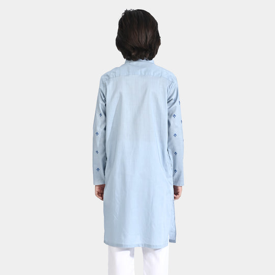 Boys Cotton Slub Printed Kurta (Chin Botti)-Blue