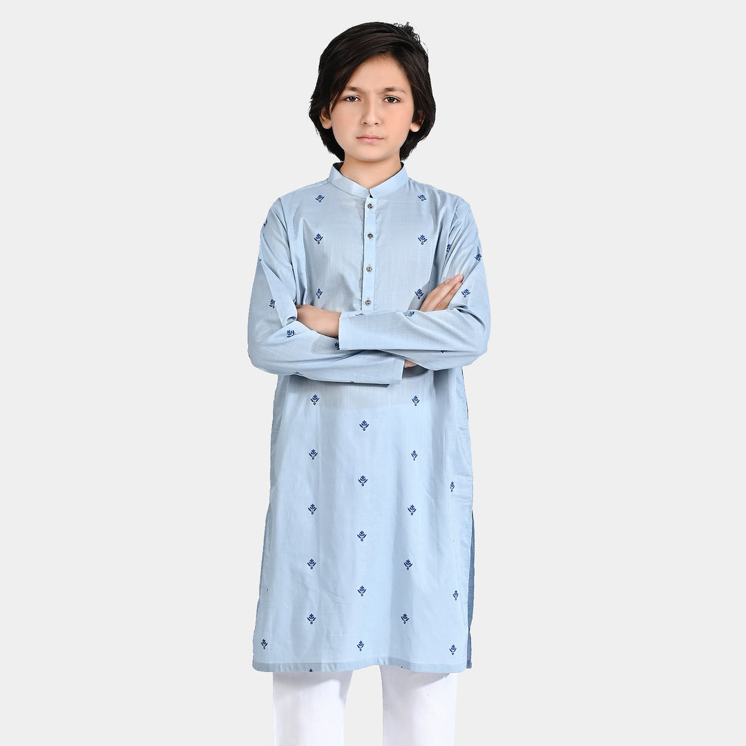 Boys Cotton Slub Printed Kurta (Chin Botti)-Blue