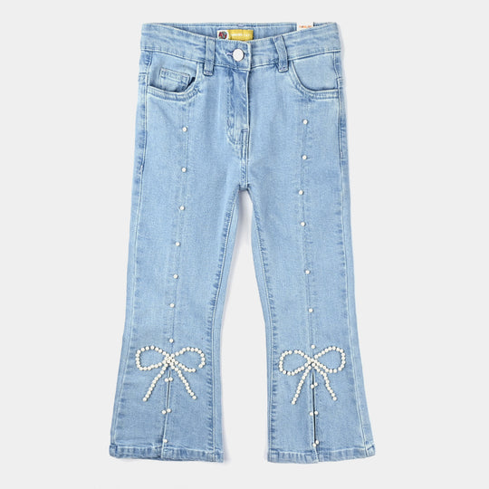 Girls Denim Stretch Pant Pearl Bow-Ice Blue