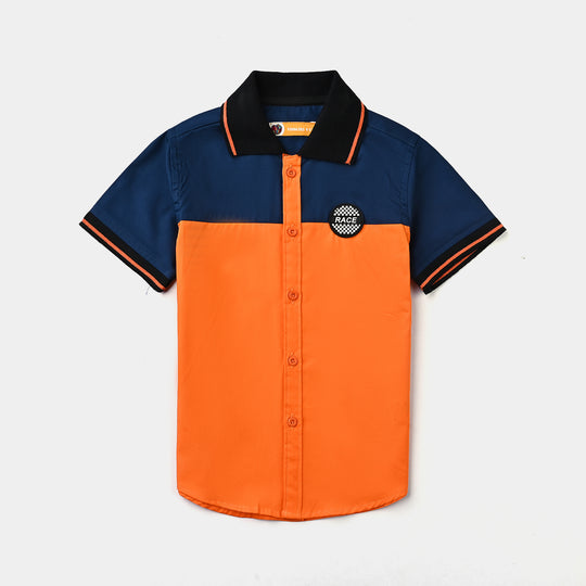 Boys Cotton Poplin Casual Shirt H/S (Race)-Orange/Navy