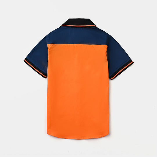 Boys Cotton Poplin Casual Shirt H/S (Race)-Orange/Navy