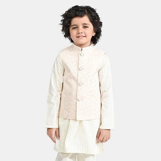 Boys Poly Viscose Waistcoat (Self Pattern)-Off White