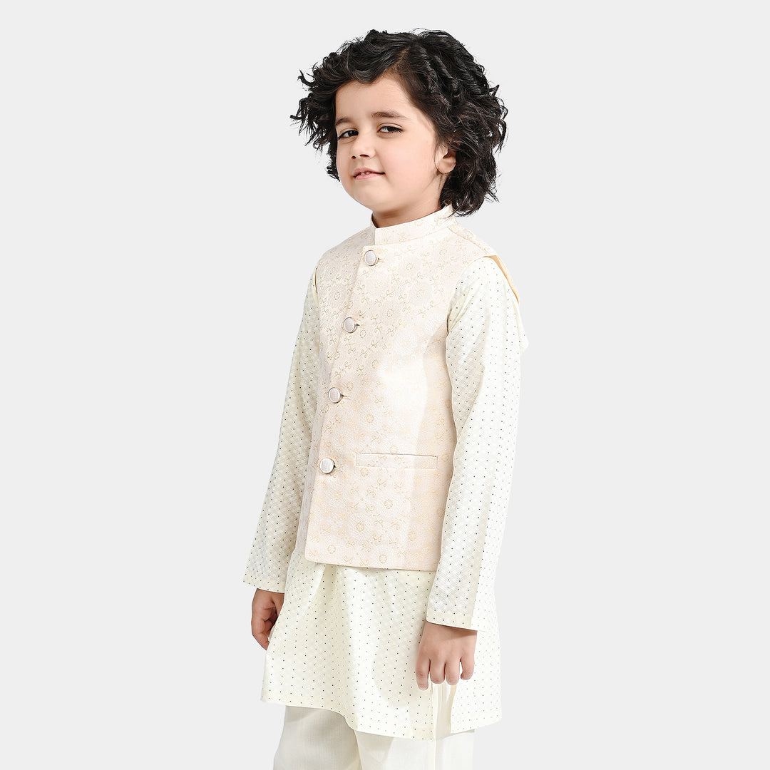 Boys Poly Viscose Waistcoat (Self Pattern)-Off White