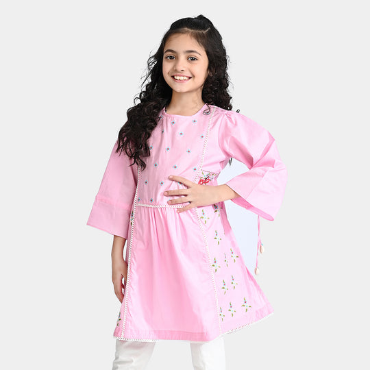 Girls Cotton Poplin Emb kurti Hope-Pink