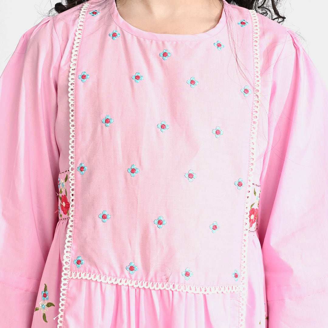 Girls Cotton Poplin Emb kurti Hope-Pink