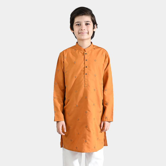 Boys Poly Viscose Embroidered Kurta-Citrus