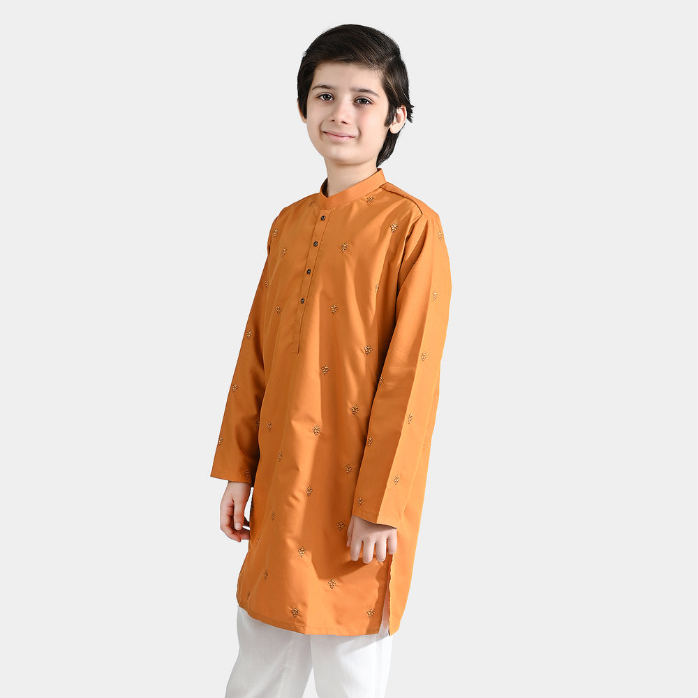 Boys Poly Viscose Embroidered Kurta-Citrus