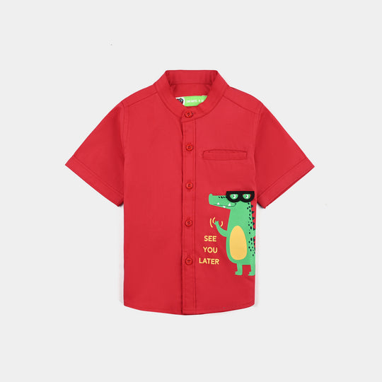 Infant Boys Cotton Poplin Basic Casual Shirt (See you Later)-Red