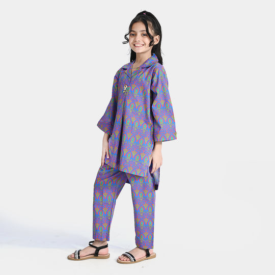 Girls Cotton Printed 2Pcs Firozi-Multi