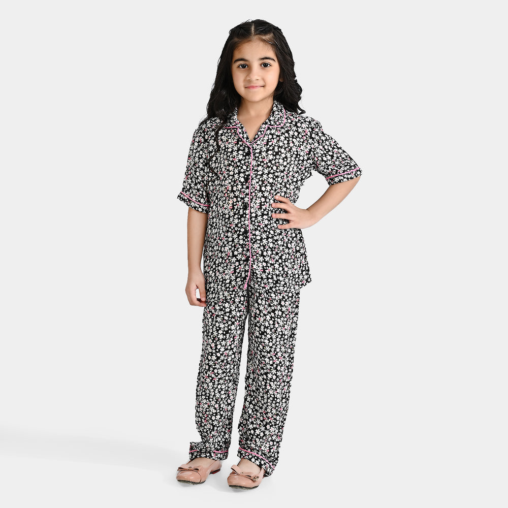 Girls Viscose Woven Nightwear Black Floral-Multi