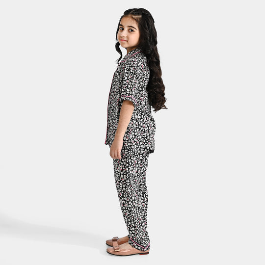 Girls Viscose Woven Nightwear Black Floral-Multi