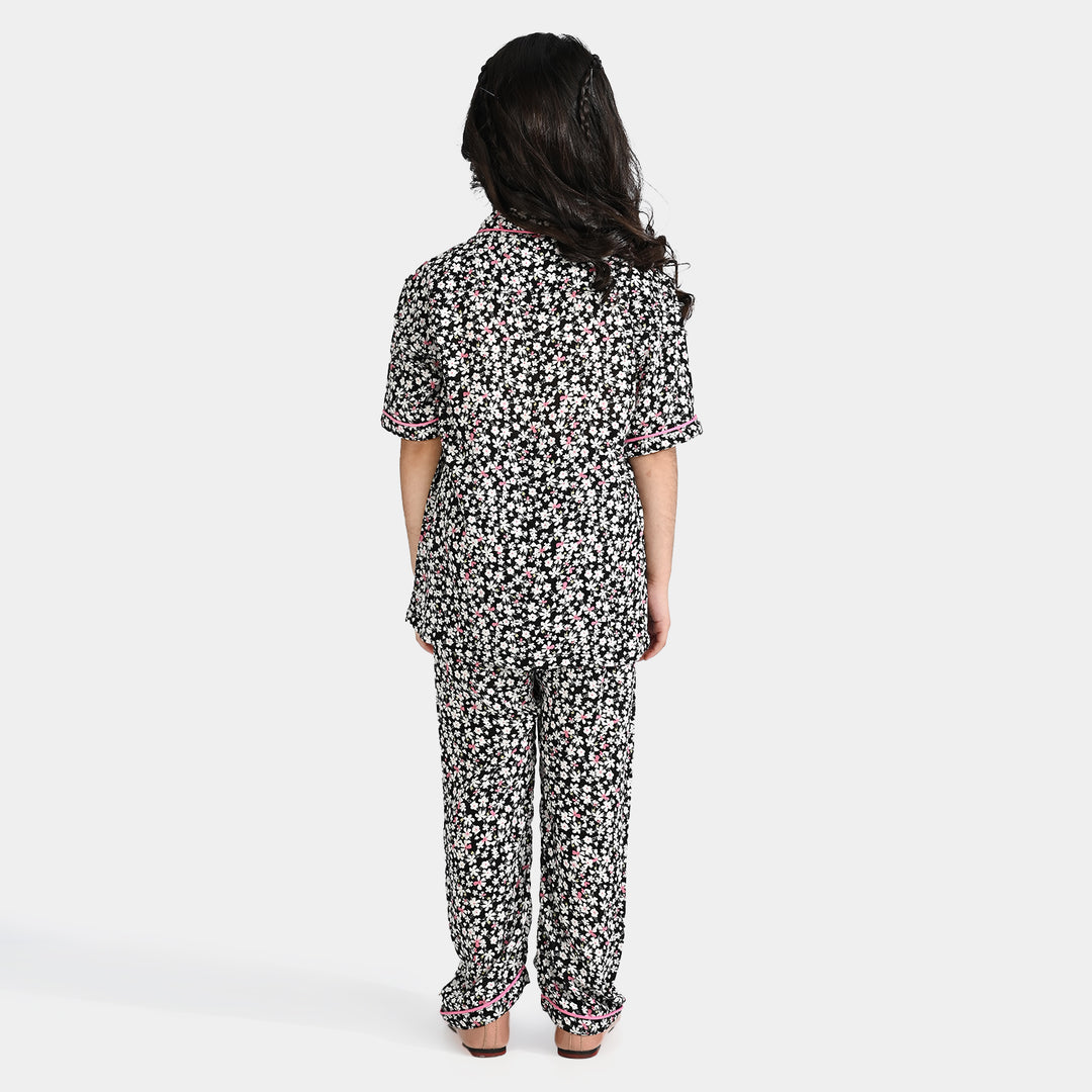 Girls Viscose Woven Nightwear Black Floral-Multi