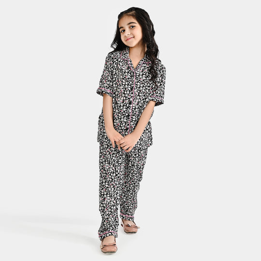 Girls Viscose Woven Nightwear Black Floral-Multi