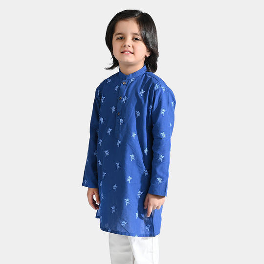 Boys Cotton Printed Kurta (Palm Tree)-Blue