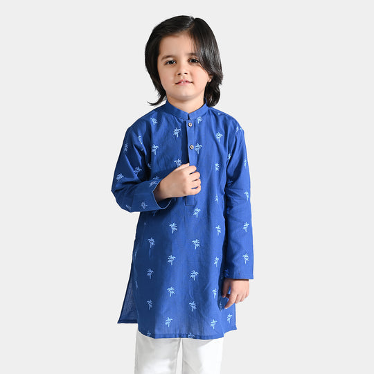 Boys Cotton Printed Kurta (Palm Tree)-Blue