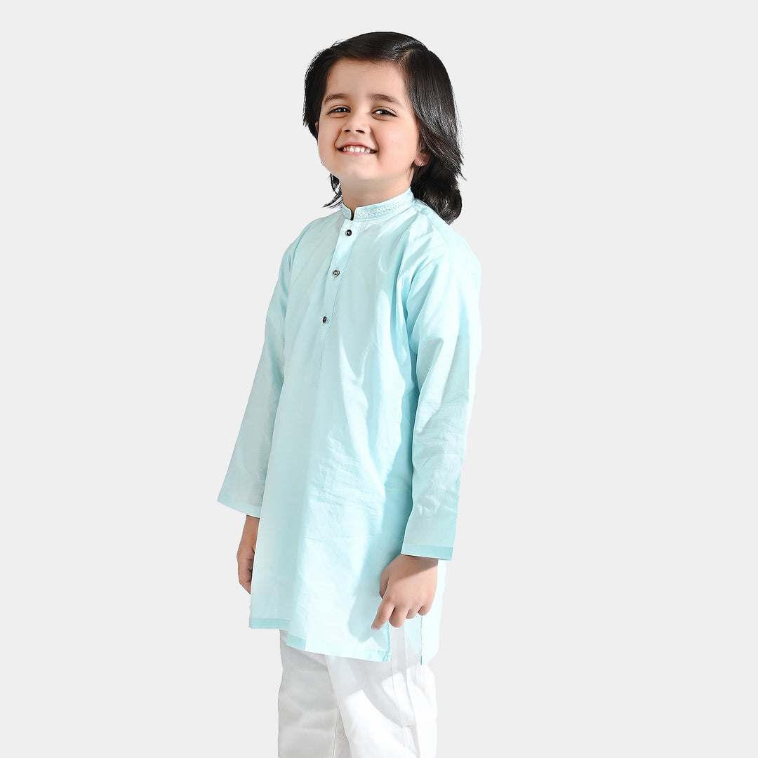 Boys Jacquard Embroidered Kurta (Twill Tape)-Light Blue