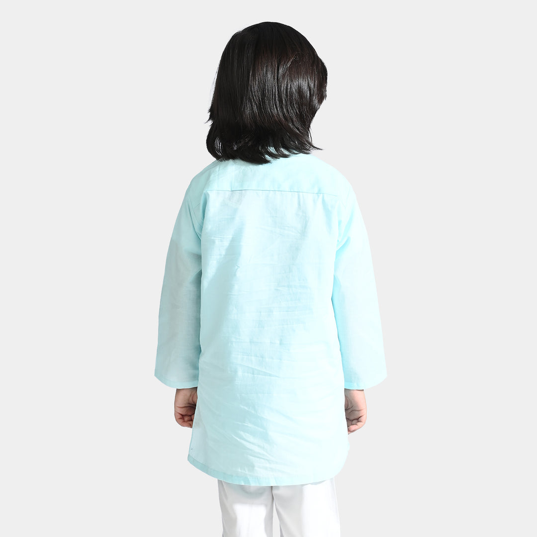 Boys Jacquard Embroidered Kurta (Twill Tape)-Light Blue