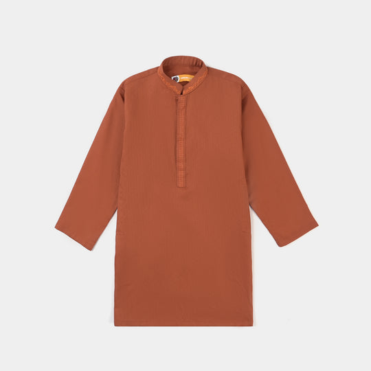 Boys Jacquard Embroidered Kurta (Tone On Tone)-Rust