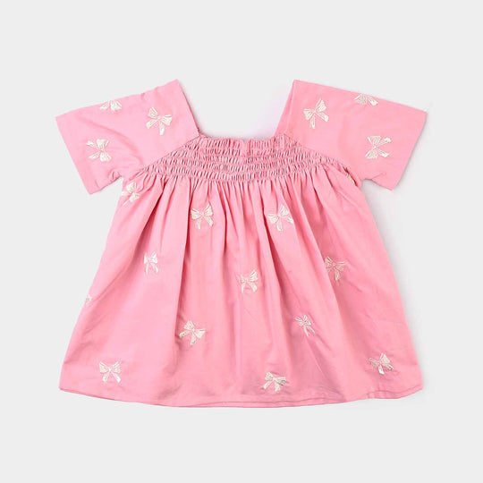 Infant Girls Cotton Emb Top Bow-Candy Pink