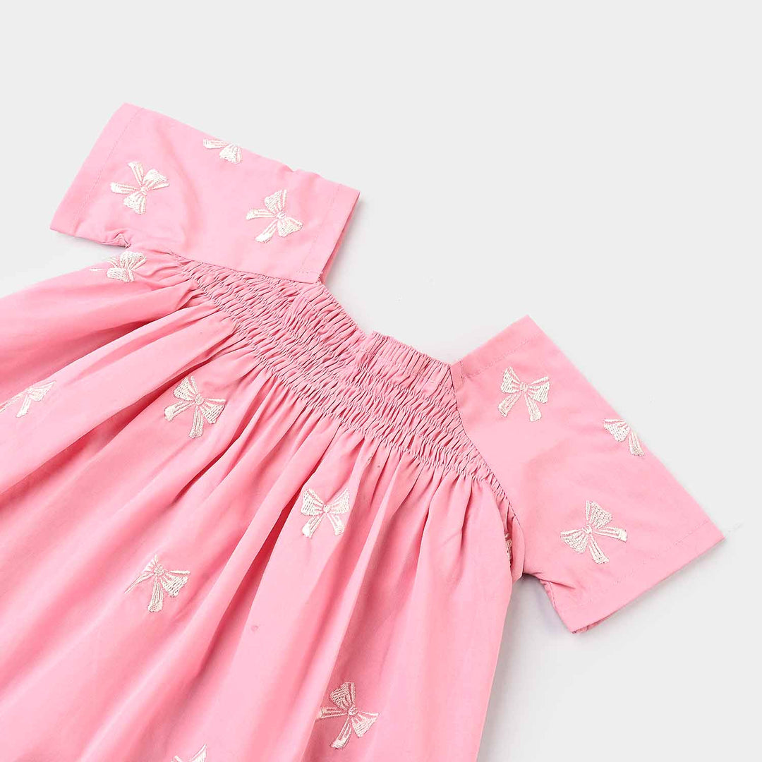 Infant Girls Cotton Emb Top Bow-Candy Pink