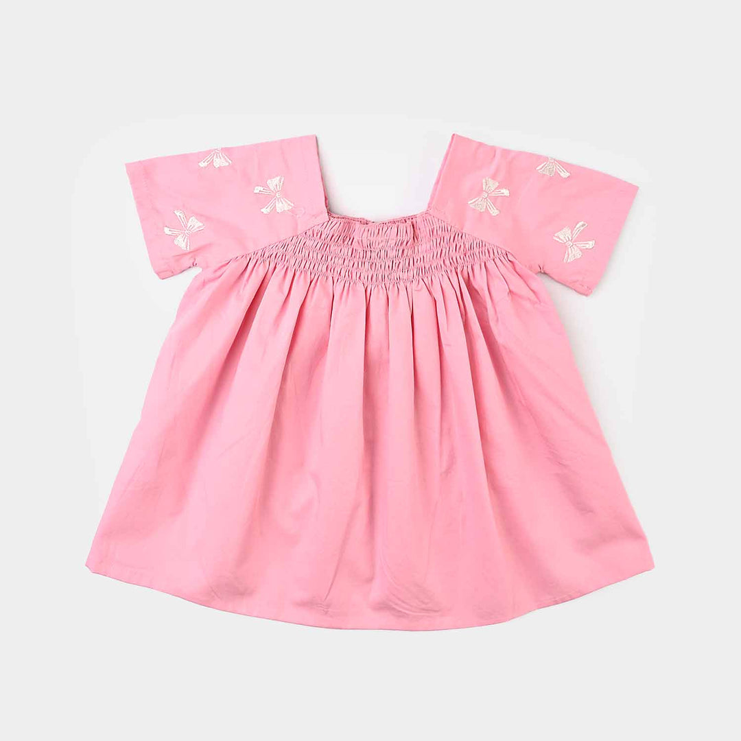 Infant Girls Cotton Emb Top Bow-Candy Pink