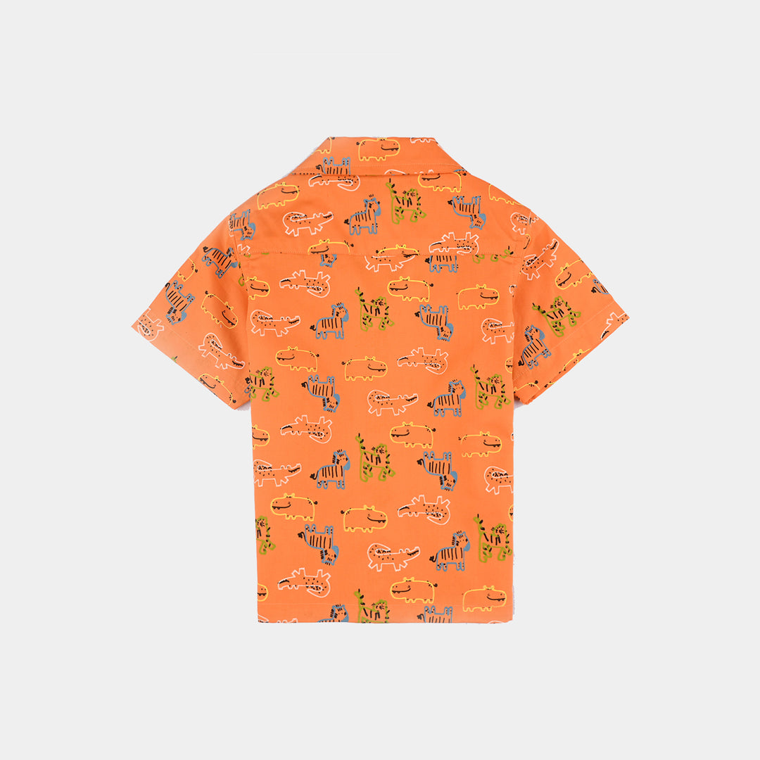 Infant Boys Cotton Poplin Basic Casual Shirt (Roar)-ORANGE