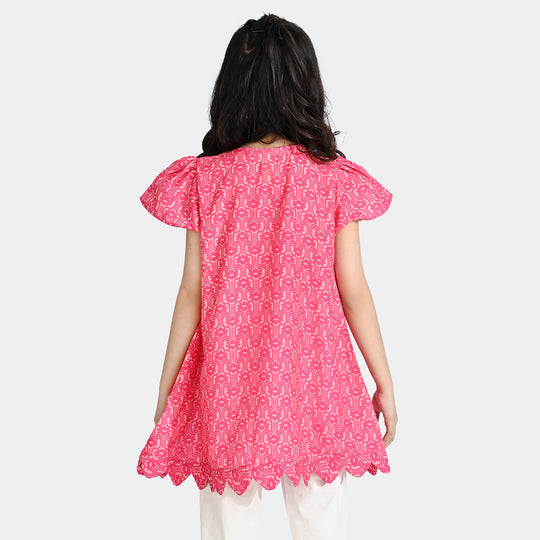 Girls Poly Cambric Casual Frock Groovy Floral-Pink