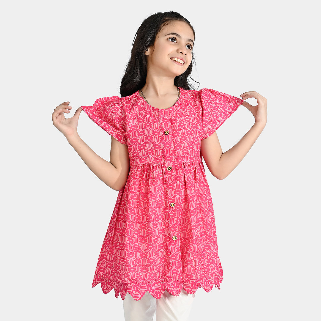 Girls Poly Cambric Casual Frock Groovy Floral-Pink