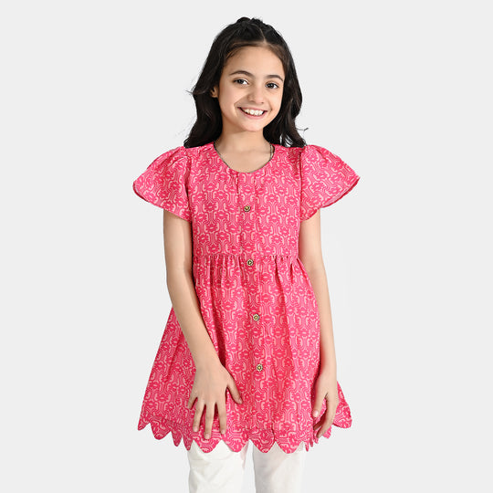 Girls Poly Cambric Casual Frock Groovy Floral-Pink