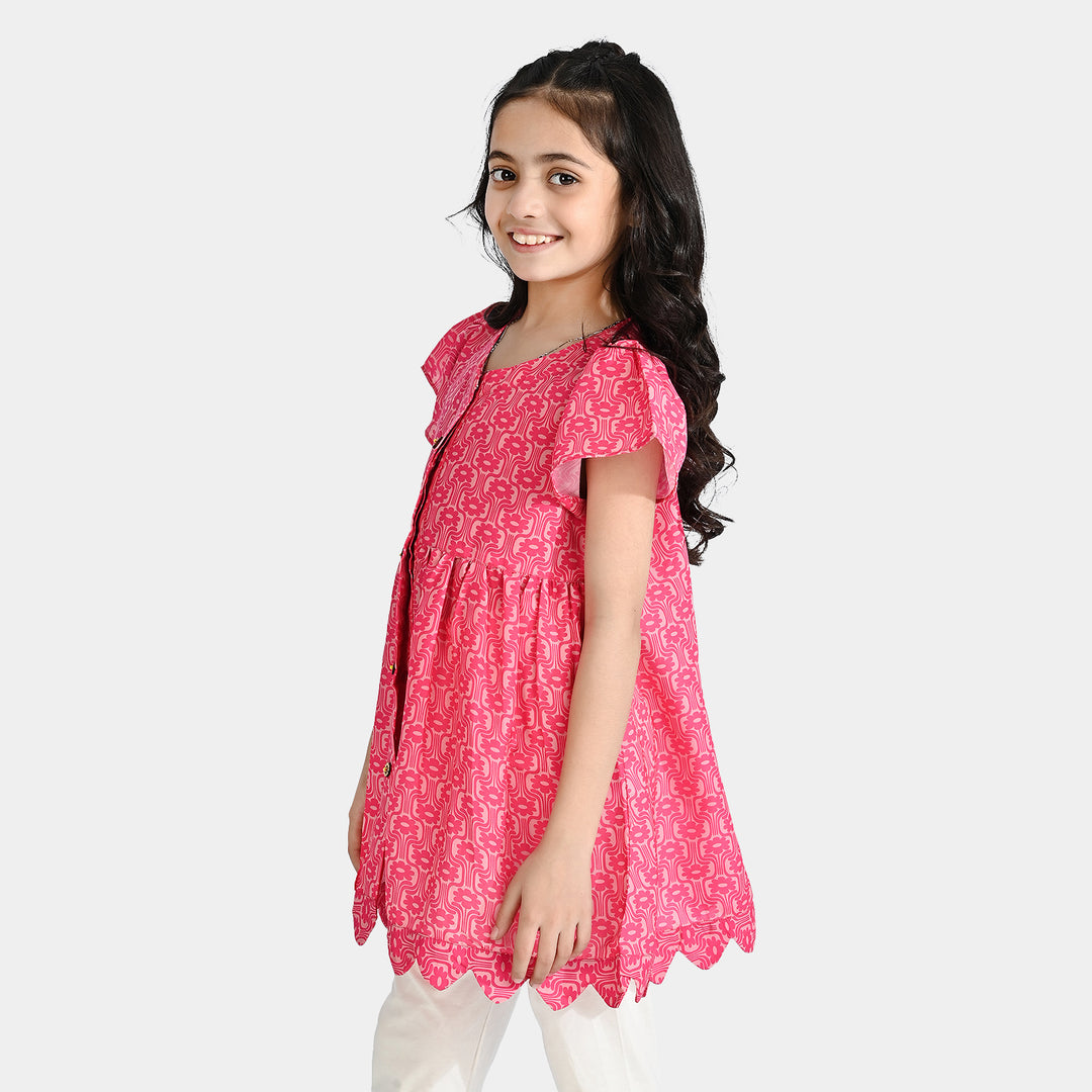 Girls Poly Cambric Casual Frock Groovy Floral-Pink