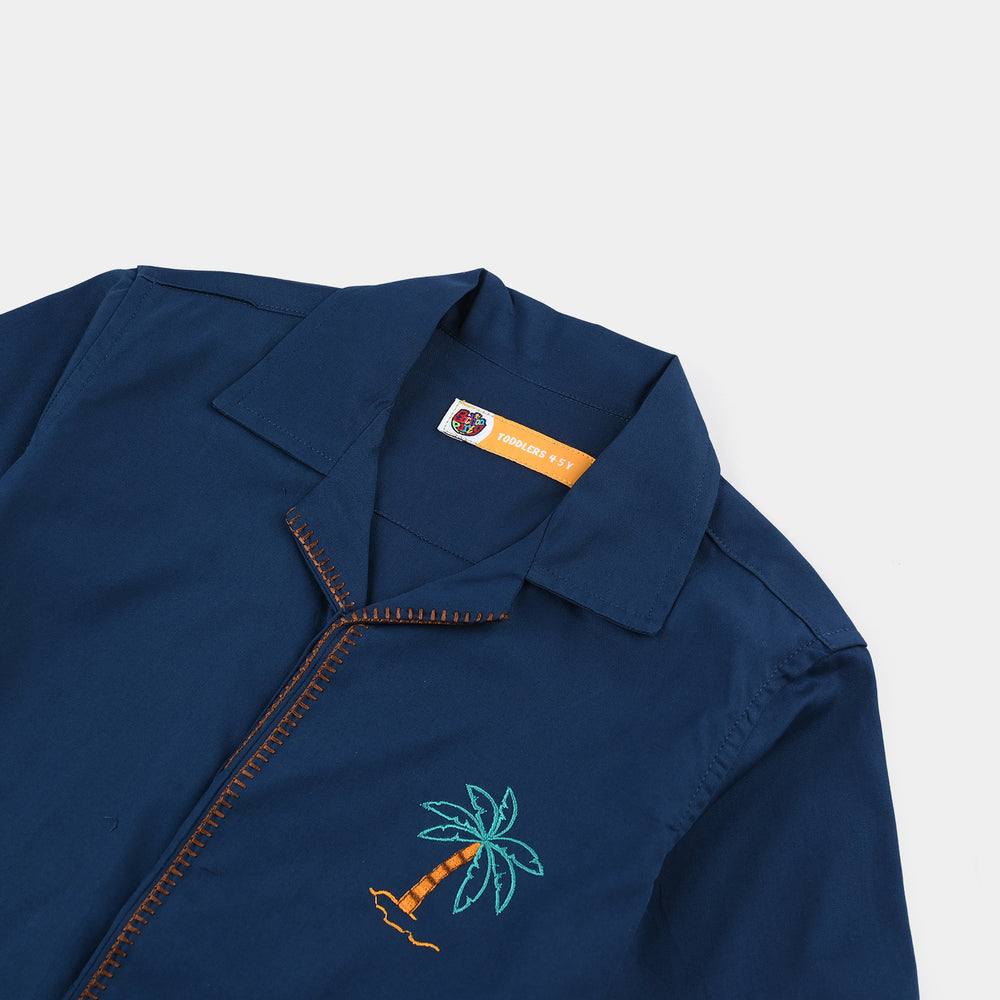 Boys Cotton Poplin Casual Shirt H/S (Summer and Palms)-NAVY