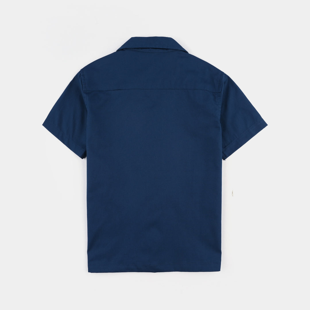 Boys Cotton Poplin Casual Shirt H/S (Summer and Palms)-NAVY