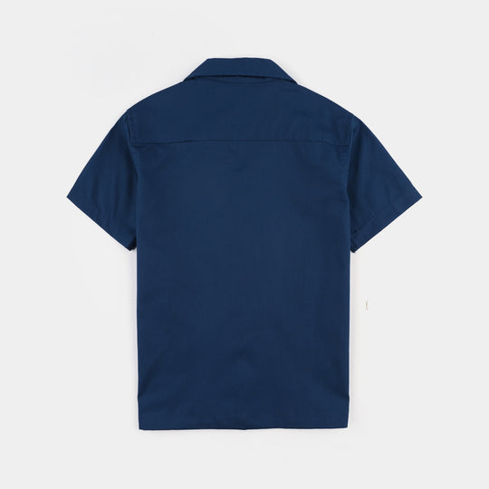 Boys Cotton Poplin Casual Shirt H/S (Summer and Palms)-NAVY