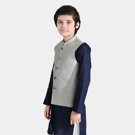 Boys Poly Viscose Waistcoats (Chin Motif)-Light grey