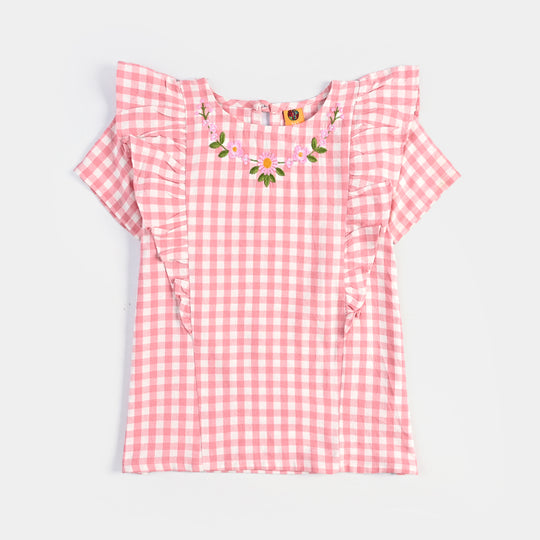 Girls Cotton Emb Top Pink Check