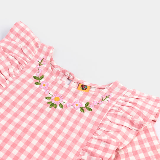 Girls Cotton Emb Top Pink Check